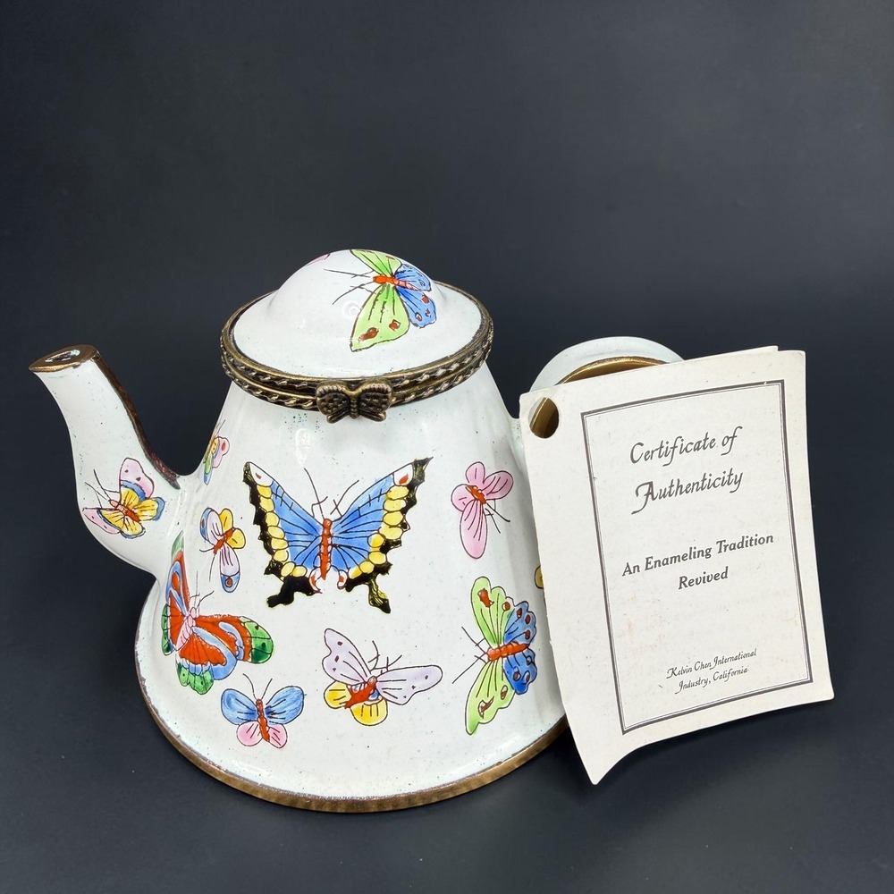 Kelvin Chen 2005 Butterfly Enamel Miniature Teapot Trinket Box Hand Painted VTG